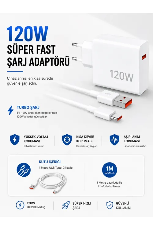 Turbo 120w Hızlı Şarj Cihazı Type-c Kablolu
