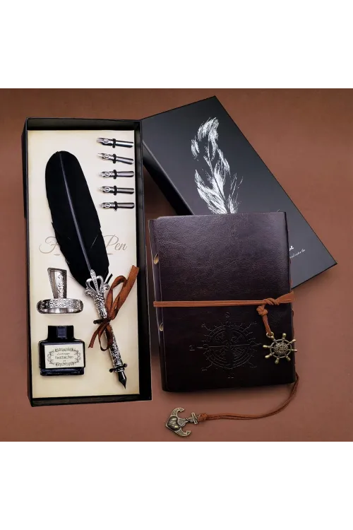 Tüylü Kalem ve Deri Defter Set 646