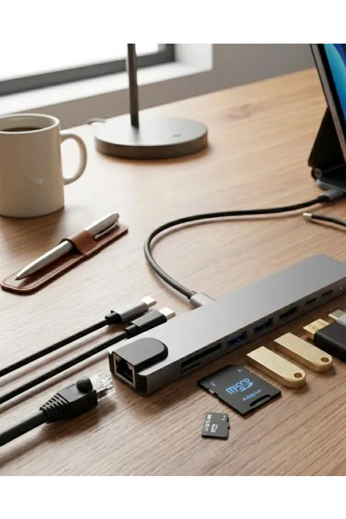 Type C Çoklu Port Hub 8 Port Usb Hdmı Sd Kart Ethernet Adaptör