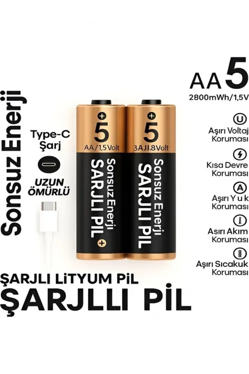 Type-c Şarjlı 2800mwh 1.5v Şarj Edilebilir 2’li Aa5 Kalın Pil - Lityum Iyon Batarya