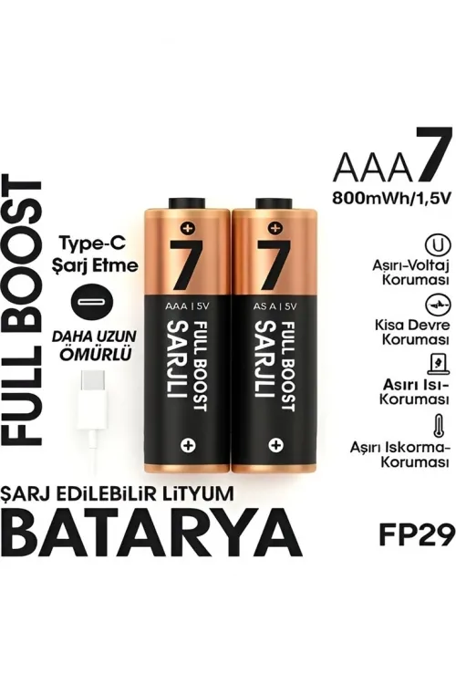 Type-c Şarjlı 800mwh 1.5v Şarj Edilebilir 2’li Aaa İnce Pil - Lityum Iyon Batarya