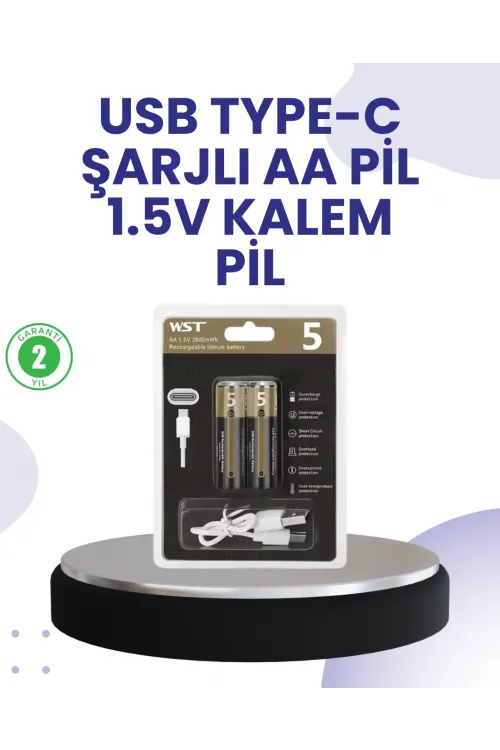 Type-c Usb İle Hızlı Şarj Edilebilir Aa Kalem Pil | 1.5v Lityum | Çiftli Paket