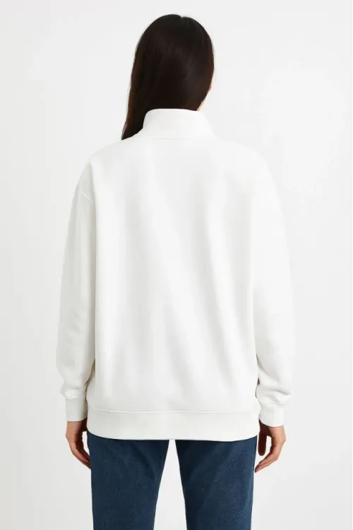 Üç İplik Dık Yaka Yarım Fermuarlı SweatShirt - Beyaz