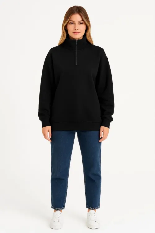 Üç İplik Dık Yaka Yarım Fermuarlı SweatShirt - Siyah