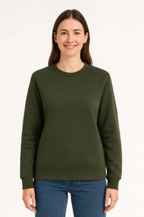 Üç İplik Düz Bisiklet Yaka SweatShirt - Haki
