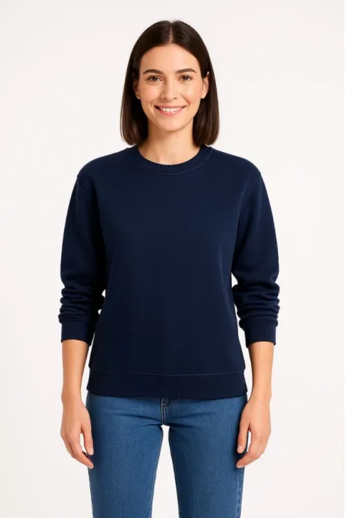 Üç İplik Düz Bisiklet Yaka SweatShirt - Lacivert