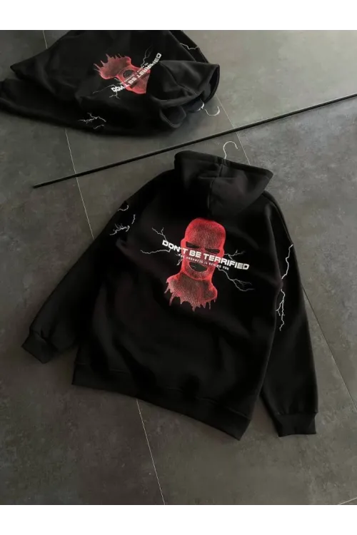 Üç İplik Kapşonlu Baskılı Oversize SweatShirt- Siyah