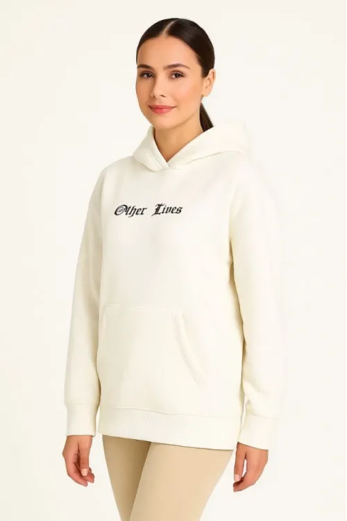 Üç İplik Kapşonlu ön Ve Arka Baskılı SweatShirt Hoodie- Beyaz