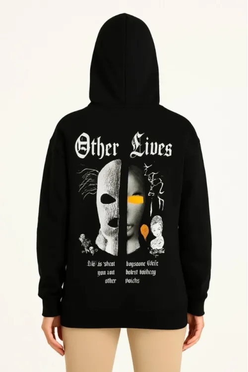 Üç İplik Kapşonlu ön Ve Arka Baskılı SweatShirt Hoodie- Siyah