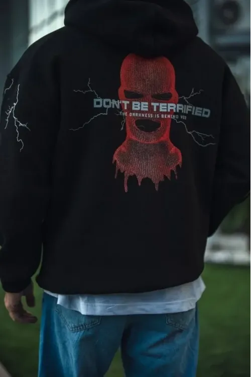 Üç İplik Kapüşonlu Baskılı Oversize SweatShirt- Siyah