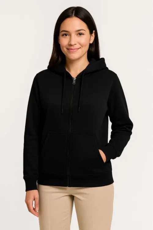 Üç İplik Kapüşonlu Tam Fermuarlı Kanguru Çepli SweatShirt Hoodie - Siyah