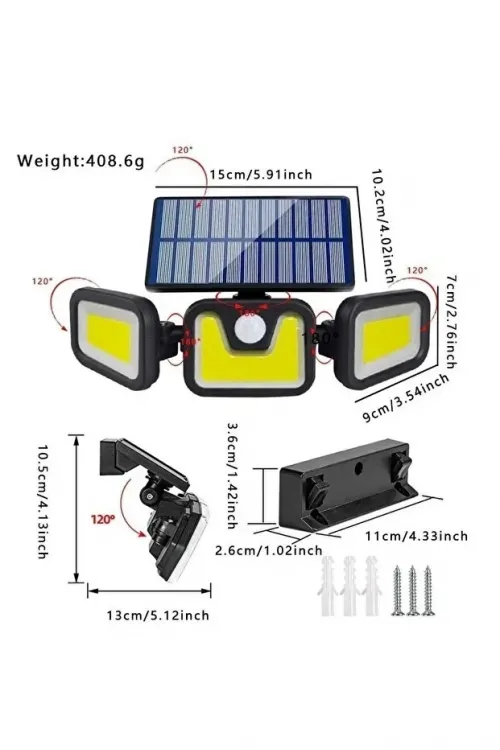 Üçlü Solar Led Projektör – Beyaz Işık – Sensörlü Dış Mekân Aydınlatma