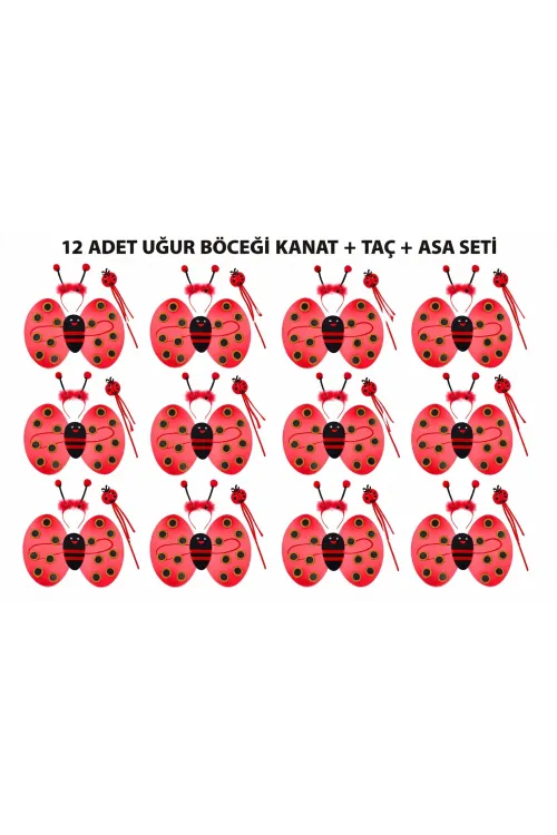 Uğur Böceği Kostüm Seti - Kanat Taç Asa 3 Parça 12 Adet