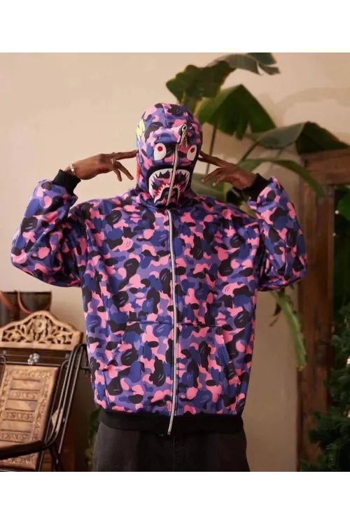 Unisex 2 İplik Bape Kapüşonu Fermuarlı Hırka - Mor