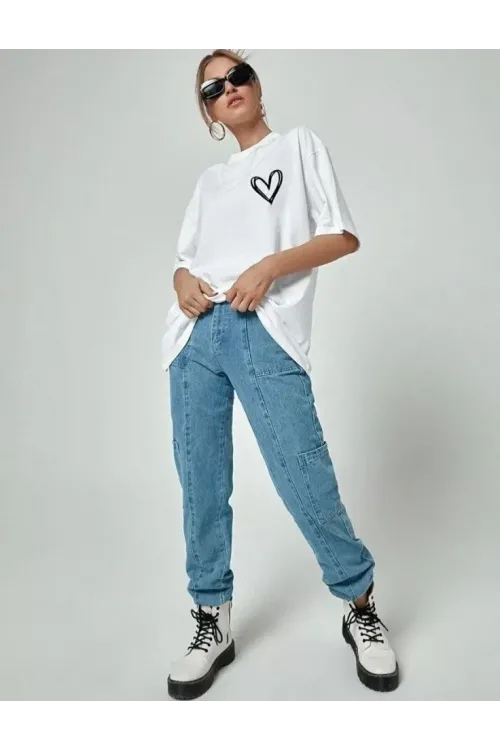 Unisex Baskılı Oversize T-Shirt - Beyaz