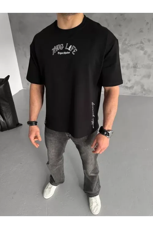 Unisex Baskılı Oversize T-Shirt - Siyah