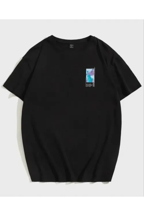 Unisex Baskılı Oversize T-Shirt - Siyah