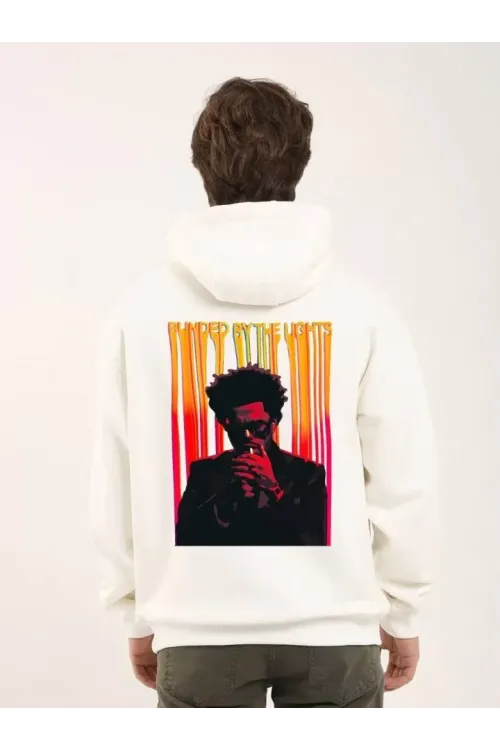 Unisex Baskılı Oversize Üç İplik Kapüşonlu Sweatshirt - Beyaz