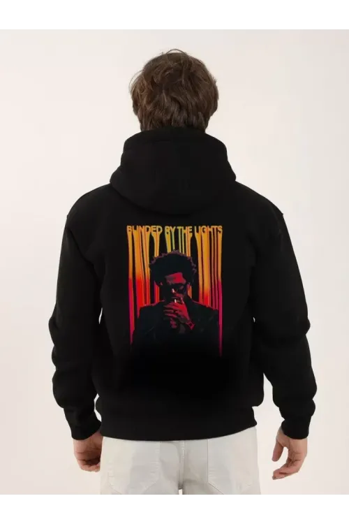Unisex Baskılı Oversize Üç İplik Kapüşonlu Sweatshirt - Siyah