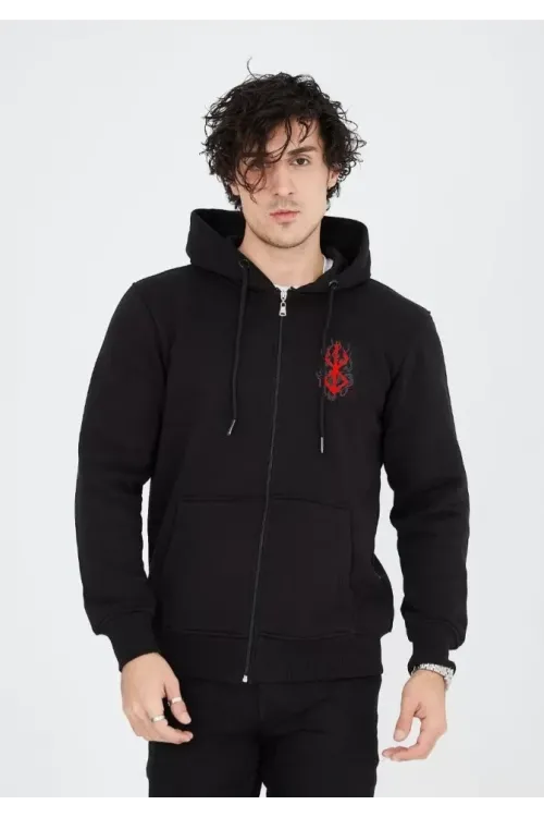 Unisex Baskılı Tam Fermuarlı Kapşonlu SweatShirt - Siyah