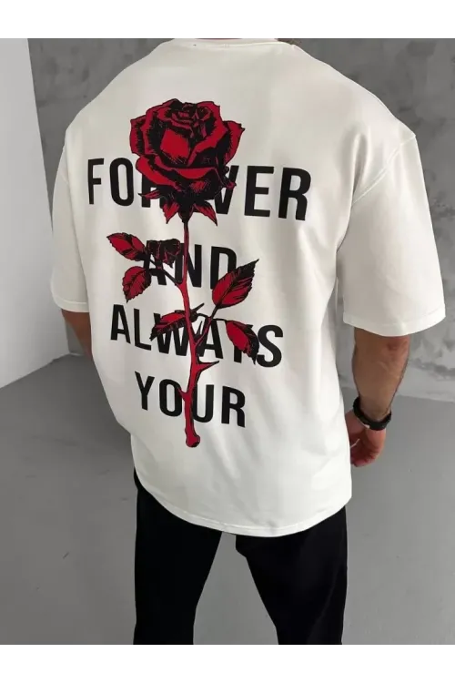 Unisex Bisiklet Yaka Baskılı Oversize T-Shirt - Beyaz