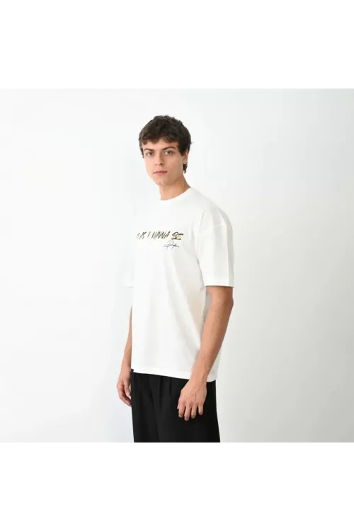 Unisex Bisiklet Yaka Baskılı Oversize T-Shirt - Beyaz