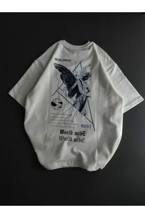 Unisex Bisiklet Yaka Baskılı Oversize T-Shirt - Beyaz