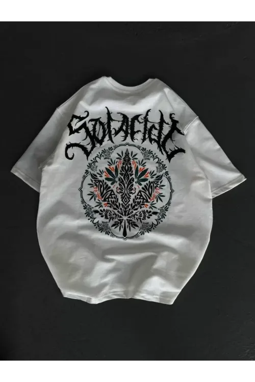 Unisex Bisiklet Yaka Baskılı Oversize T-Shirt - Beyaz