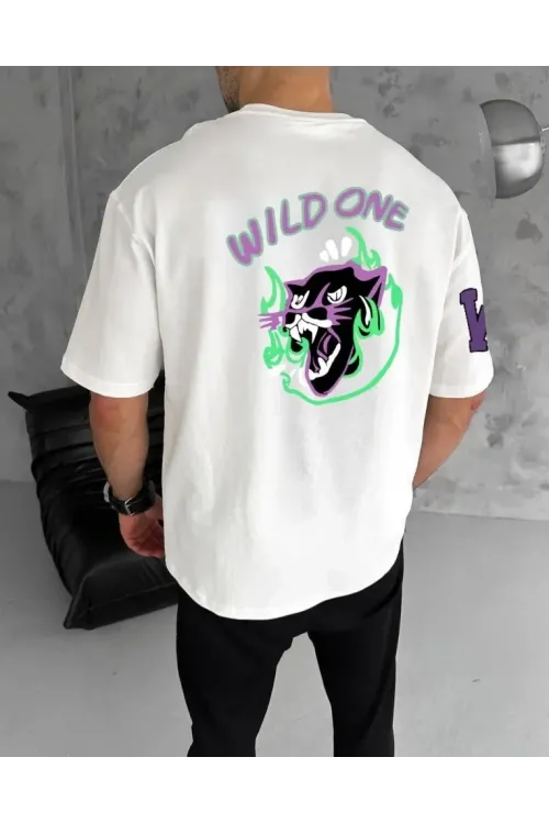 Unisex Bisiklet Yaka Baskılı Oversize T-Shirt - Beyaz