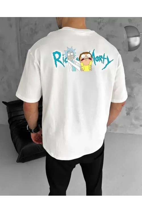 Unisex Bisiklet Yaka Baskılı Oversize T-Shirt - Beyaz