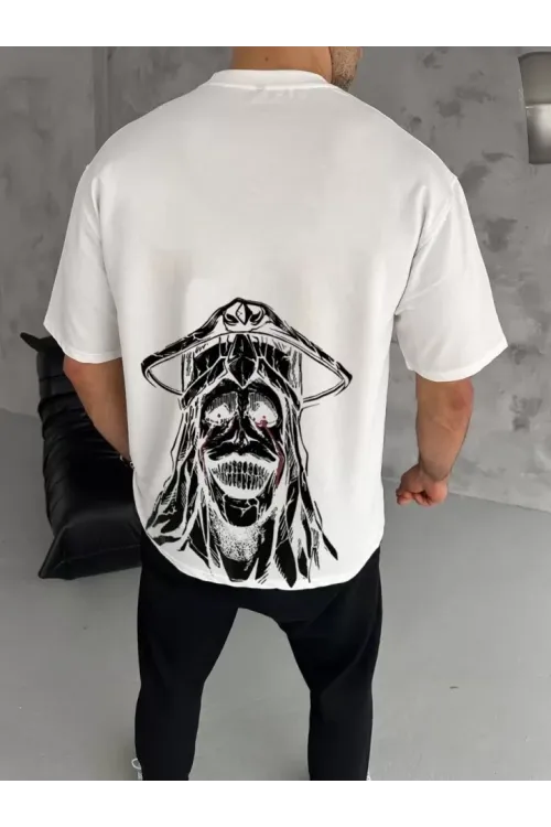 Unisex Bisiklet Yaka Baskılı Oversize T-Shirt - Beyaz