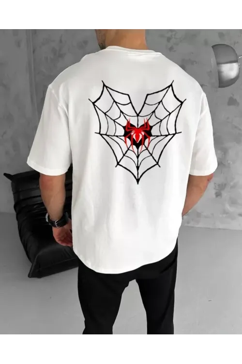Unisex Bisiklet Yaka Baskılı Oversize T-Shirt - Beyaz