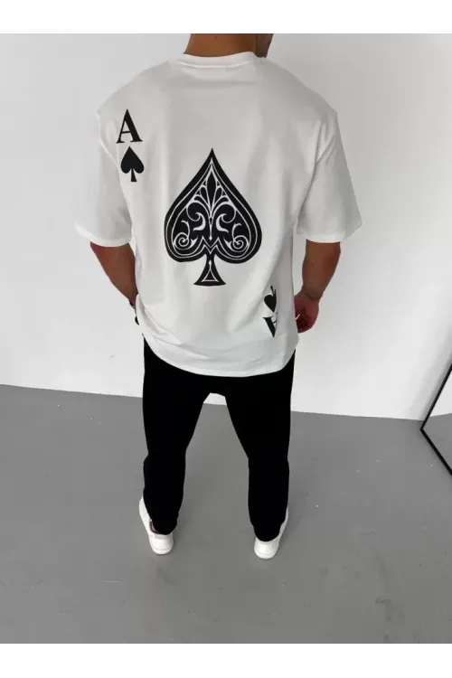 Unisex Bisiklet Yaka Baskılı Oversize T-Shirt - Beyaz