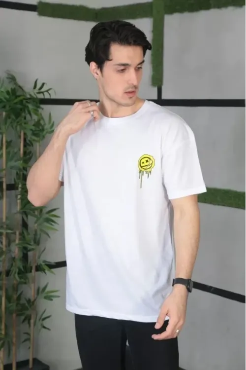 Unisex Bisiklet Yaka Baskılı Oversize T-Shirt - Beyaz