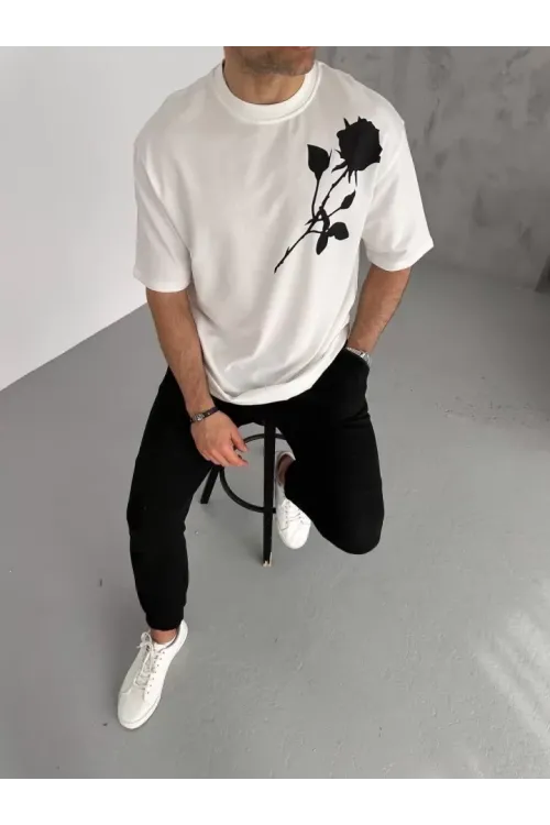 Unisex Bisiklet Yaka Baskılı Oversize T-Shirt - Beyaz
