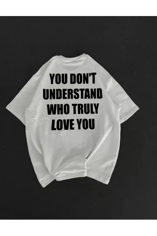 Unisex Bisiklet Yaka Baskılı Oversize T-Shirt - Beyaz