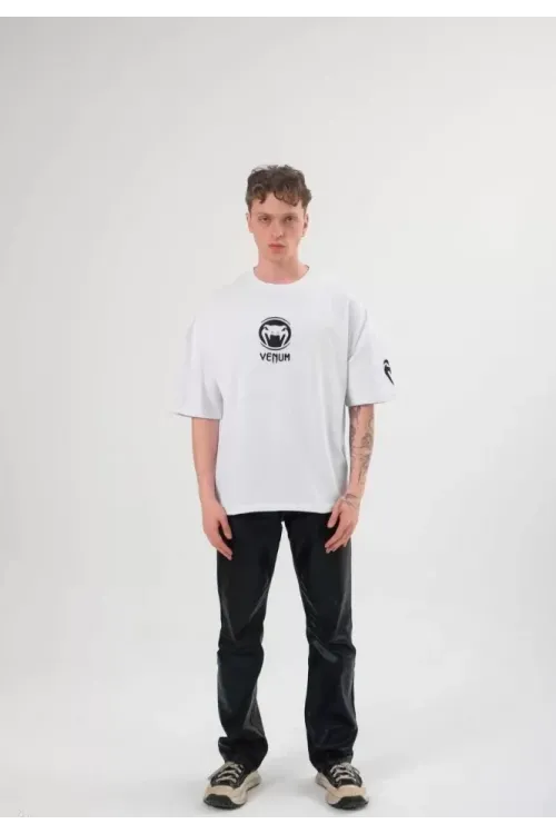 Unisex Bisiklet Yaka Baskılı Oversize T-Shirt - Beyaz