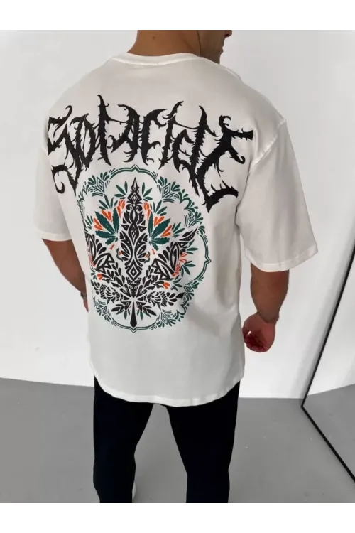 Unisex Bisiklet Yaka Baskılı Oversize T-Shirt - Beyaz
