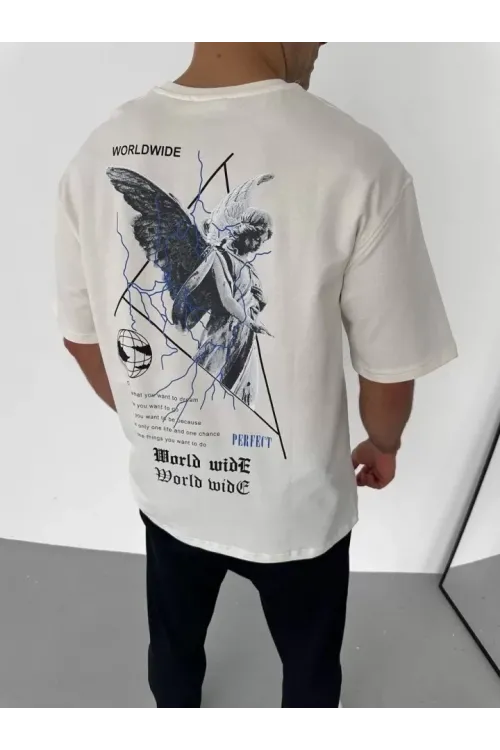 Unisex Bisiklet Yaka Baskılı Oversize T-Shirt - Beyaz