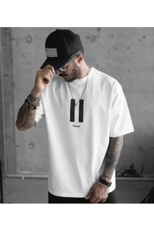 Unisex Bisiklet Yaka Baskılı Oversize T-Shirt - Beyaz