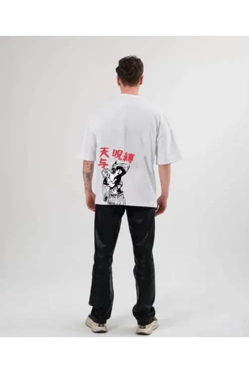 Unisex Bisiklet Yaka Baskılı Oversize T-Shirt - Beyaz