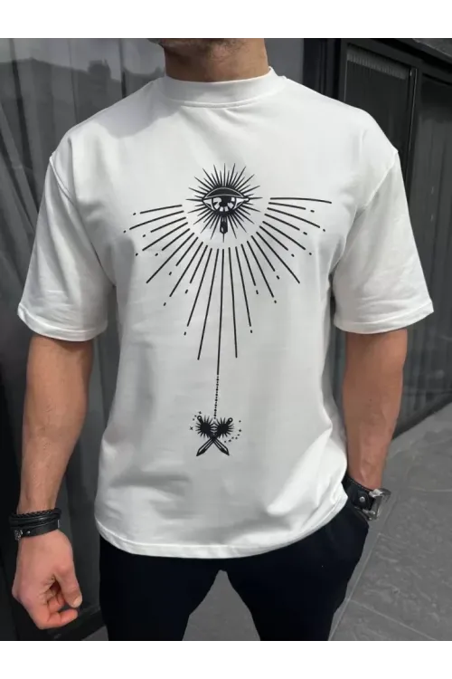 Unisex Bisiklet Yaka Baskılı Oversize T-Shirt - Beyaz