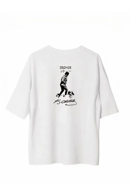 Unisex Bisiklet Yaka Baskılı Oversize T-Shirt - Beyaz