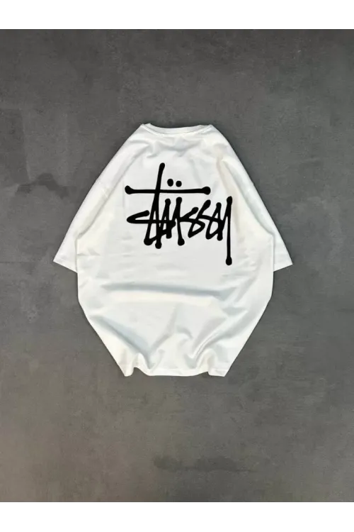 Unisex Bisiklet Yaka Baskılı Oversize T-Shirt - Beyaz