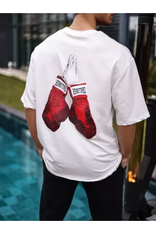 Unisex Bisiklet Yaka Baskılı Oversize T-Shirt - Beyaz