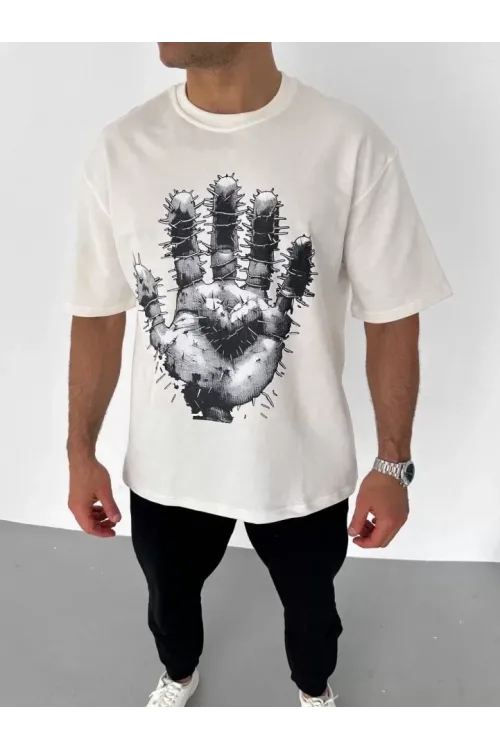 Unisex Bisiklet Yaka Baskılı Oversize T-Shirt - Beyaz