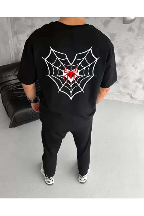 Unisex Bisiklet Yaka Baskılı Oversize T-Shirt - Siyah