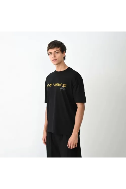 Unisex Bisiklet Yaka Baskılı Oversize T-Shirt - Siyah