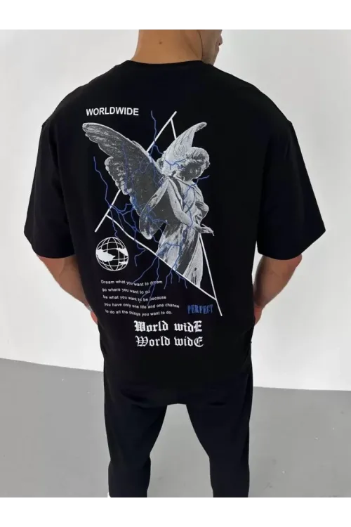 Unisex Bisiklet Yaka Baskılı Oversize T-Shirt - Siyah