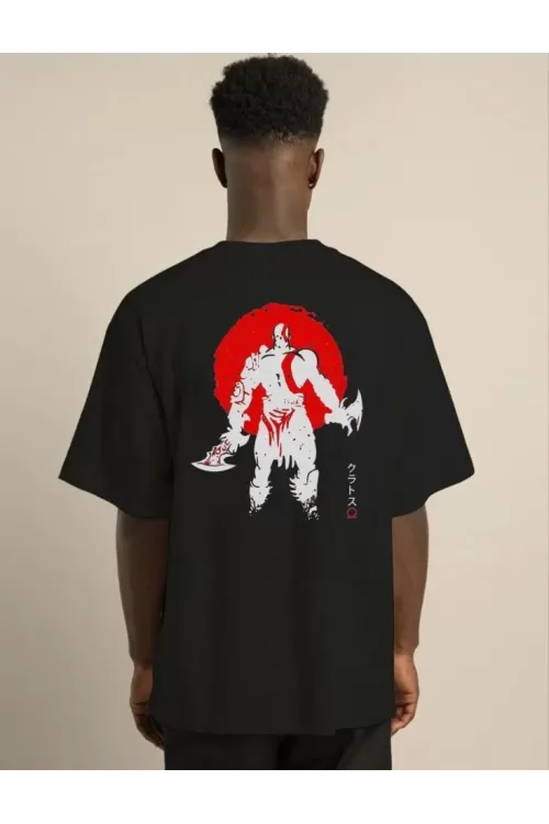 Unisex Bisiklet Yaka Baskılı Oversize T-Shirt - Siyah